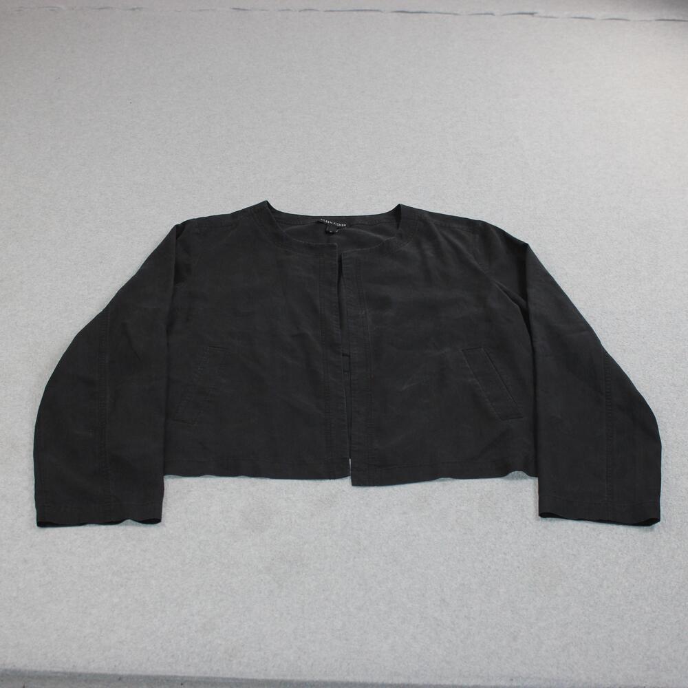 Eileen Fisher Jacket Women Medium Black Lyocell Cropped Collarless Open Boxy